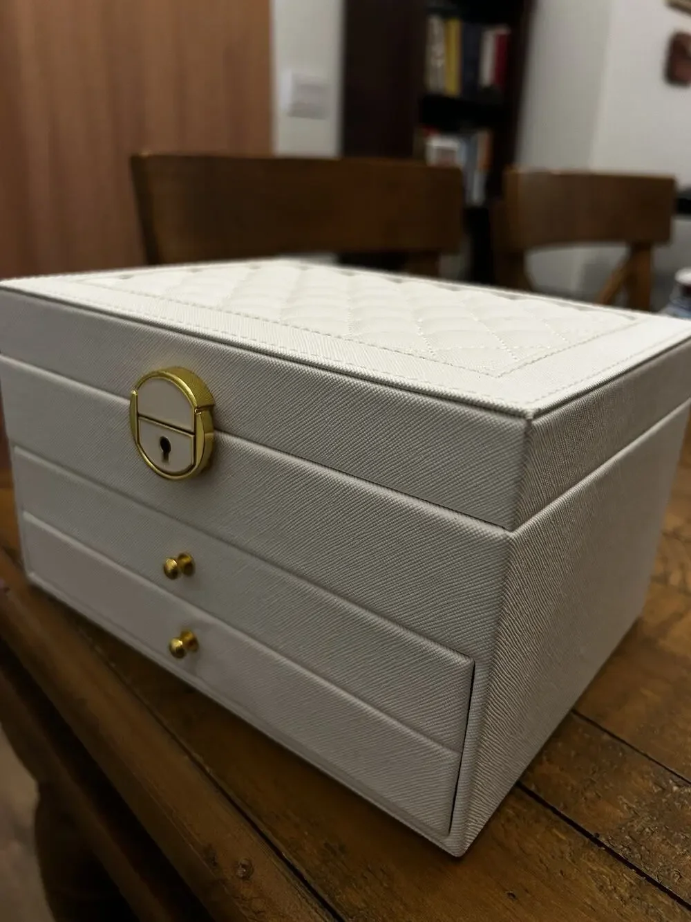 White Faux Leather Jewelry Box Organizer, Lockable 2-Drawer Velvet Lined